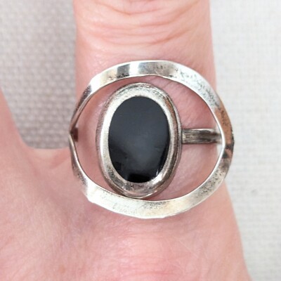 All Seeing Evil Eye Ring Sterling Silber Onyx Inlay Vintage Modernist Schmuck 8