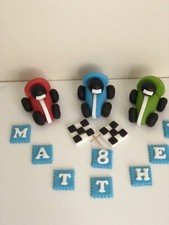 Racing cars flags boys personalised handmade edible 3D cake topper decoration