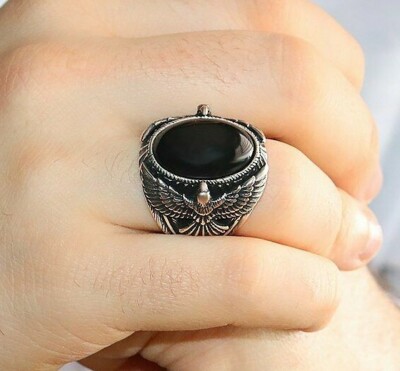 Eagle Figure With Onyx Stone Solid 925 Sterling Silver Men Ring