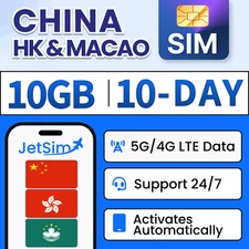 China HK & Macao SIM Card -10GB High-Speed, 10 Day JetSim/Travel SIM