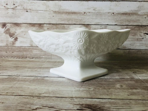Vintage Indiana Glass Pineapple Floral Milk Glass Footed Compote Trinket Dish