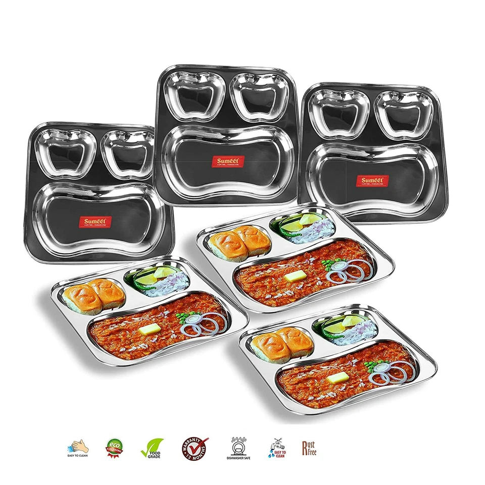 Edelstahl 3 in 1 Pav Bhaji Fach Teller Set Mit 6 Stück - 21,5 cm - Bild 2 von 4