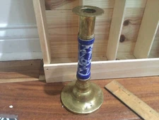 Vintage Brass & Porcelain Candlestick w White Blue Floral ceramic insert 8" 