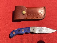 Beautiful Damascus folding blade knife blue bone Stocks leather sheath hand made