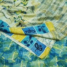 Indian Vintage Sari Ivory Blue Pure Crepe Silk Printed Saree Fabric 5yd Sewing