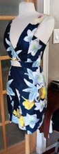 Lulu's Faux Wrap Dress Sleeveless Floral Black/ Blue V Neck Stretch Bodycon Sz M