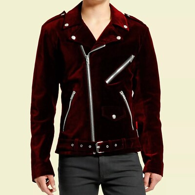 Gothic Handmade Moto Burgundy Velvet Jacket Motorcycle Jacket Men's
