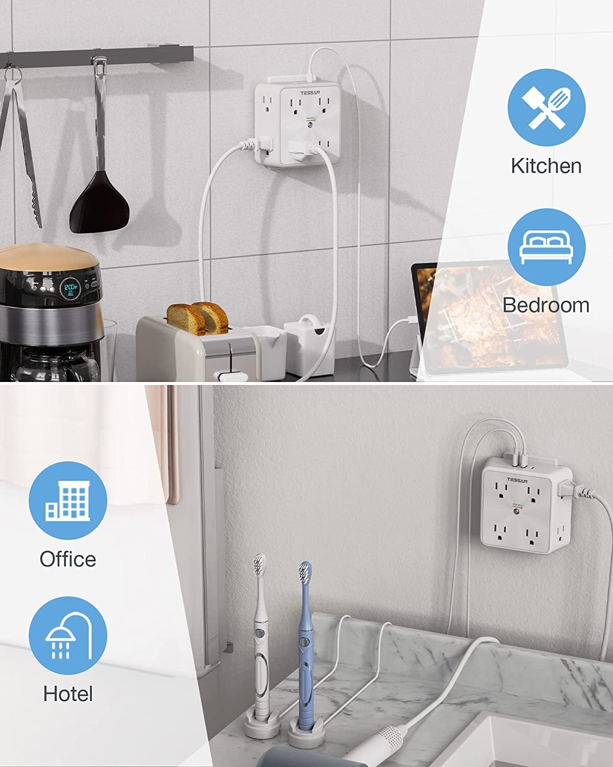 TESSAN Wall Outlet Adapter, Surge Protector with 3 USB Charger Port(1 USB-A)
