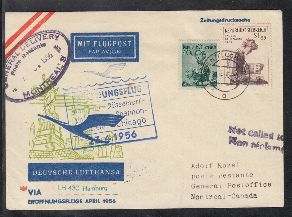 beautiful FFC LH 430 Lufthansa Hamburg 1956 to Montreal feed line Vienna - Image 1 of 1