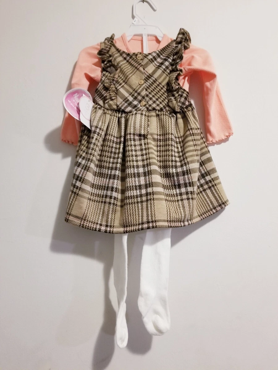 Nanette Baby Dresses Size 12 M Peach Plaid 3 PC Jumper Dress Shirt Tights Set