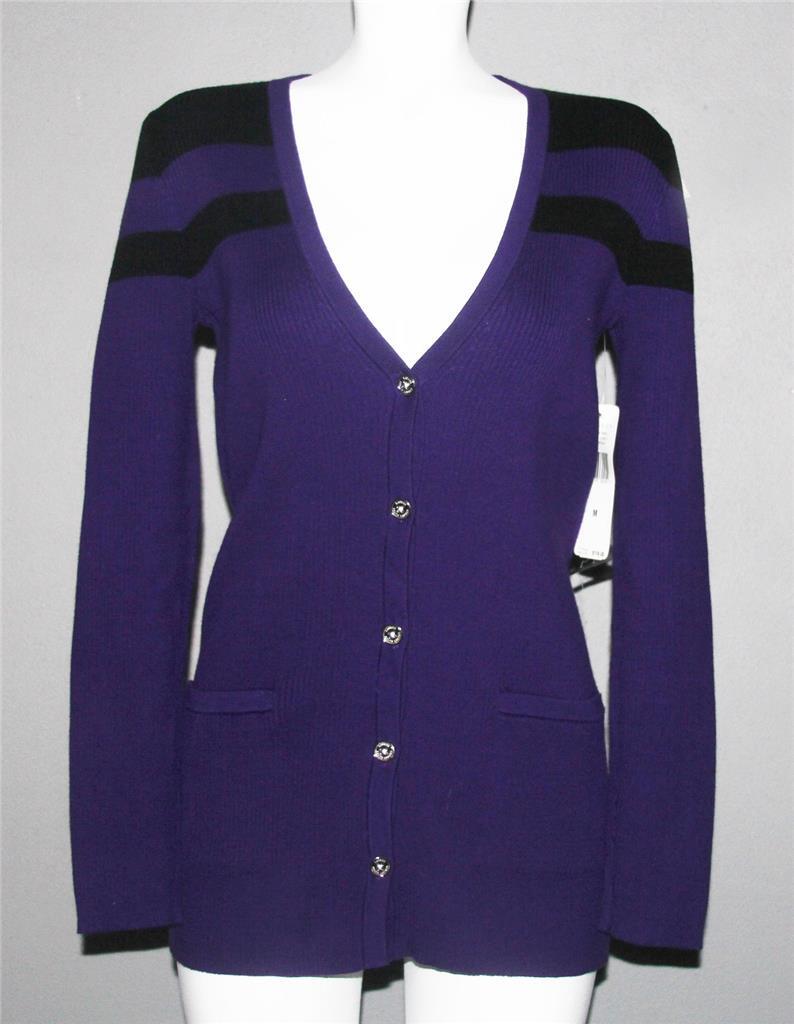 Ralph Lauren Purple Black Tight Knit Long Sweater Cardigan Wm's