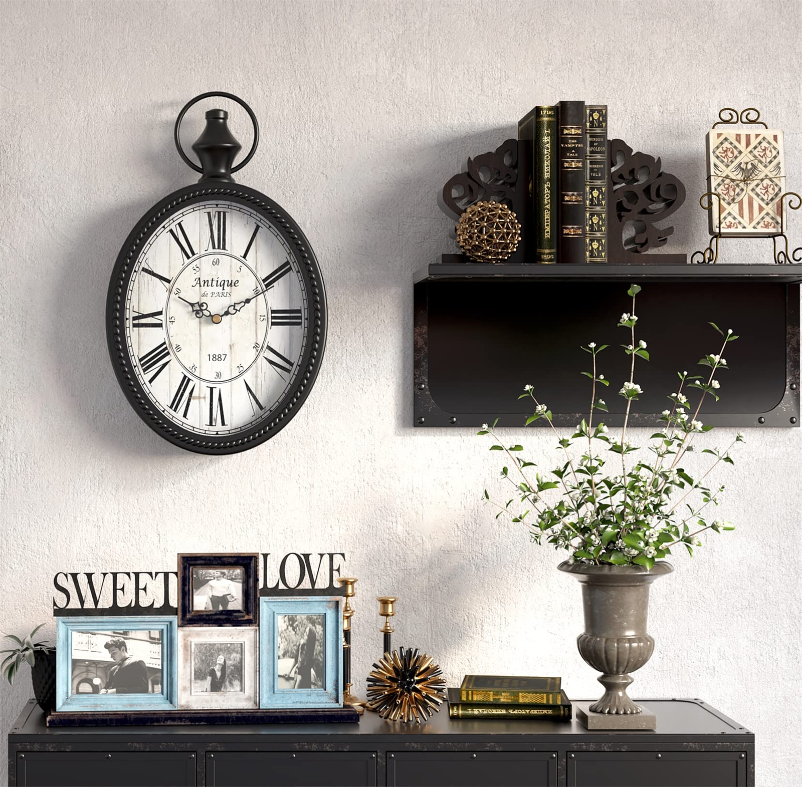Menterry Small Retro Oval Wall Clock Antique Old Design Black Vintage Style Batt