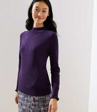 LOFT Ruffle Cuff Mock Neck Sweater Grape Heather New