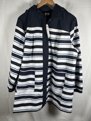NWT Chico's Rain Jacket Coat Womens Size 4 Striped Blue White Hooded MSRP $159