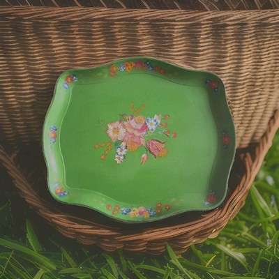 Hand Painted Floral Tray Apple Green Retro Cottage Paper Mache Vintage
