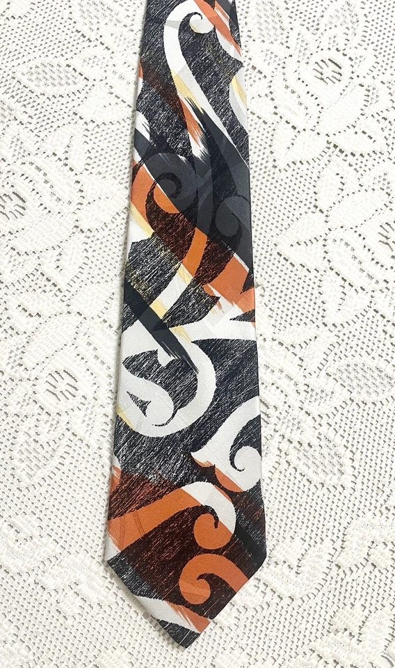 Corbata para hombre Claude Montana geométrica de seda multicolor negra/naranja/gris Foto 2 de 4