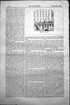 Antiker alter Druck moderne britische Hütten Hintergrund überlegene Gebäude 1858