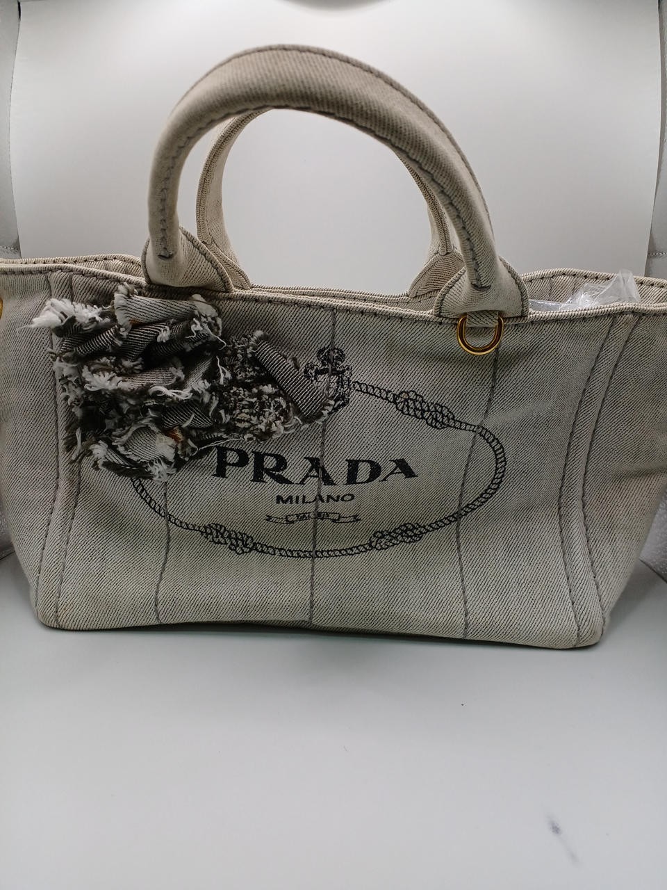 Prada Kanapa Flower Denim Shoulder Bag WHT Out of Stock