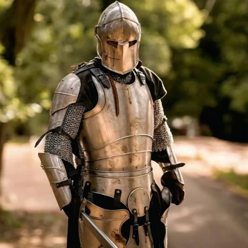 Conjunto de armadura de cuerpo completo de acero calibre 18 casco medieval LARP y placa de cosplay armadura Foto 3 de 4