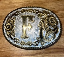Initial Letter F Vintage Western Two Tone Monogram Belt Buckle By Crumrine