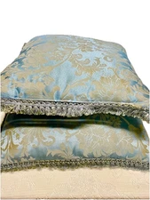 TWO SILK Custom High End Designer ANTIQUE PILLOWS w/  Fringe Trim 18”x 18”