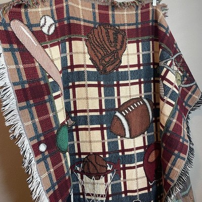 Sports Woven Throw Blanket Plaid Fringe 45'' x 66'' Soccer Football Baseball Baske