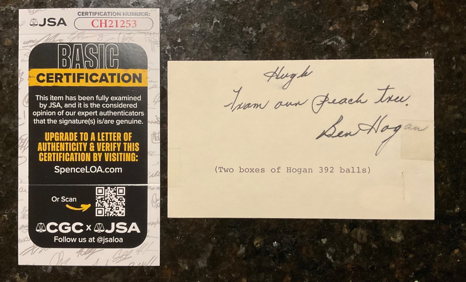Ben Hogan Autographed Signed Index Card 3 x 5 w/inscription Golf Masters Champion JSA COA 