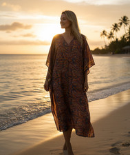 Floral Maxi Kaftan Blue Orange Boho Tunic Dress Women s Beach Cover Up L-2X