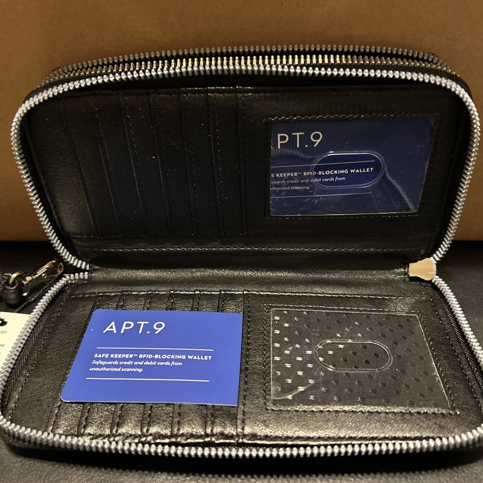 Cartera Apt 9 NUEVA CON ETIQUETAS Safe Keeper Negra Imitación Cuero Guijarro Cremallera Alrededor Bloqueo RFID Foto 4 de 4