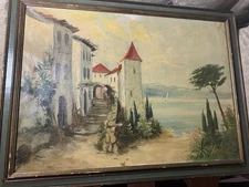 Vintage Kuhn "Lakeside Villa Landscape Scene" Oil Painting - Signed And Framed