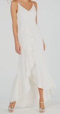  189 Adrianna Papell Womens White V-Neck Papell Ruffled Hi-Low Gown Dress Size 4