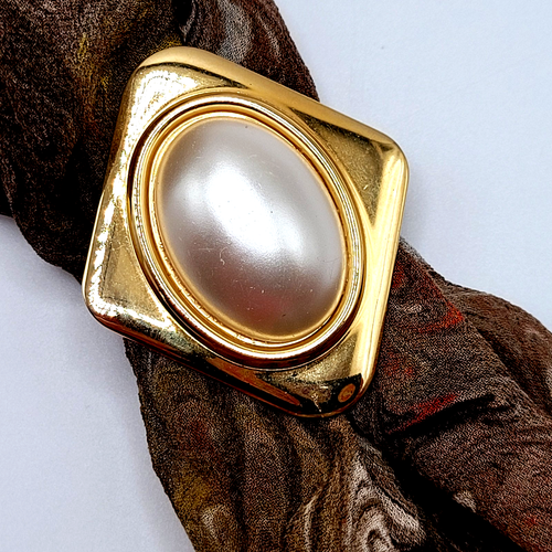 Elegant Classic Large Oval Faux Pearl Gold Tone Hinged Vintage Scarf Ring Clip - 第 1/18 張圖片