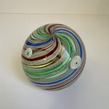 VTG Murano Art Glass Latticino, Ribbon, & Millefiori Round Paperweight