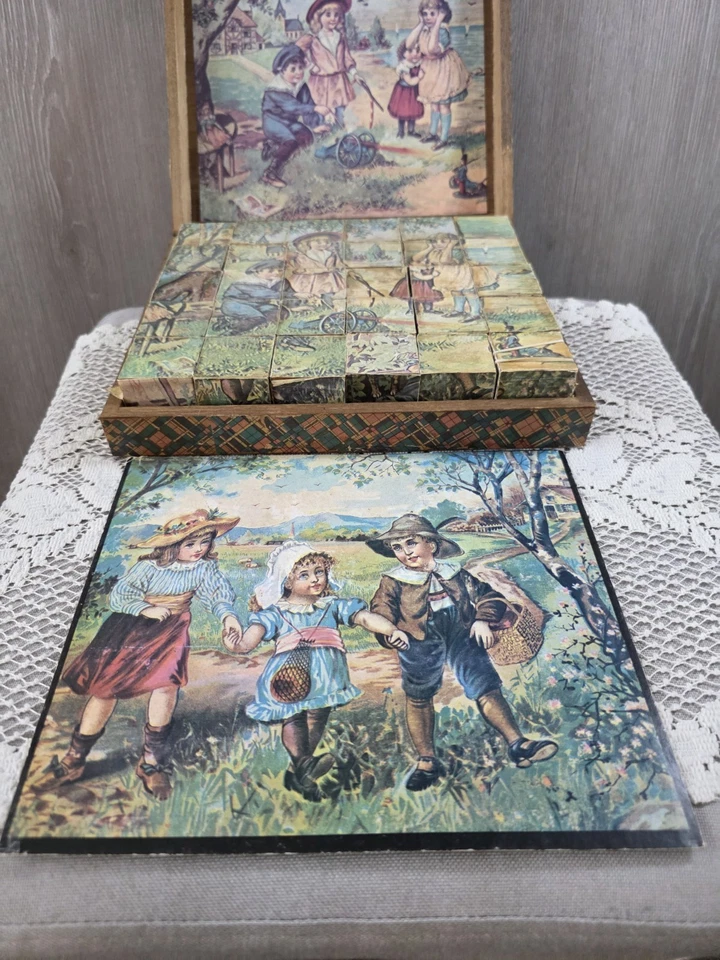 Antique Wood Block Puzzle 6-in-1 Picture Cubes Victorian w/ Box 5 Guide Sheets - Image 2 of 4