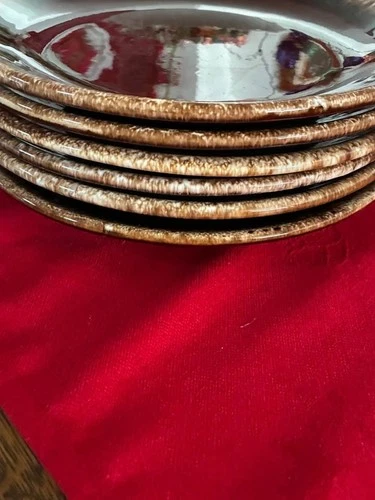 6 VTG Hull Brown Drip Glaze Dinner Plates 10.5” Diameter Round USA Shiny!
