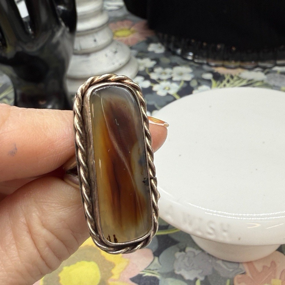 Artisan rectangular Botswana agate ring in a ster… - image 7