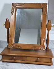Vintage Tilting Vanity Mirror With 2 Drawers. Brown Pine Dressing Table.