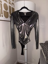 H M Women's metallic silver Stretch Strappy One-Piece Bodysuit Size XS