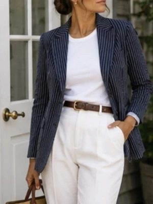 Max Mara Navy Pinstriped Blazer Cotton Linen Seersucker Excellent Size 6