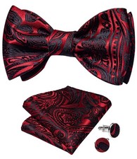 Men Bow Tie Paisley Striped Self-Bow Tie Silk Woven Pocket Square Cufflinks Set