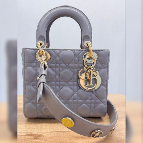 Christian Dior Lady Dior Cannage Lambskin Tote Shoulder Bag Gray Gold Hardware
