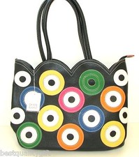 NEW-KMQ COLLECTION BLACK LEATHERETTE+MULTI COLOR CIRCLES PURSE,TOTE+DUST BAG