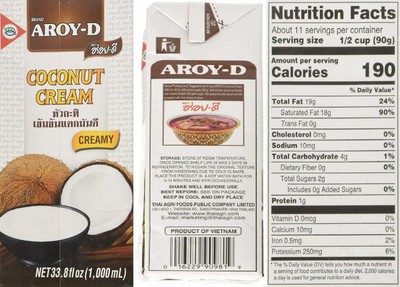 Aroy-D Pure Coconut Cream, 33.8 Fluid Ounce (Pack of 3) Original Version 