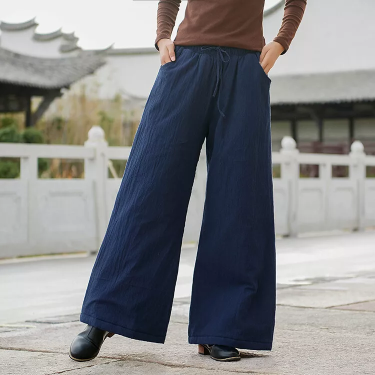 Chinese Style Cotton Linen Padded Pants Womens Loose Wide Legs