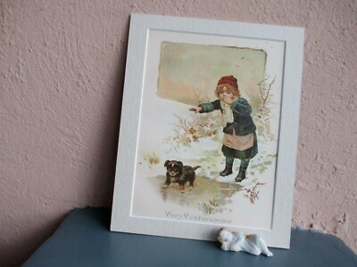 antique chromolithograph illustration of  boy and dog on ice circa 1890