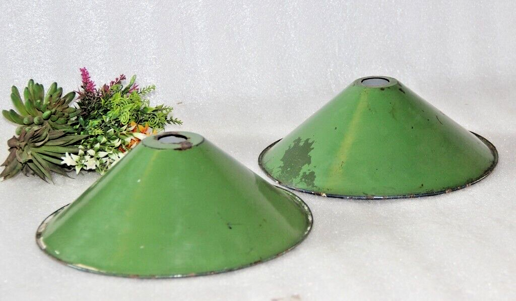2PC Vintage Green Enamel Lamp Shade Old Decorative Lighting Original