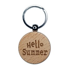 Hello Summer Fun Text Engraved Wood Round Keychain Tag Charm