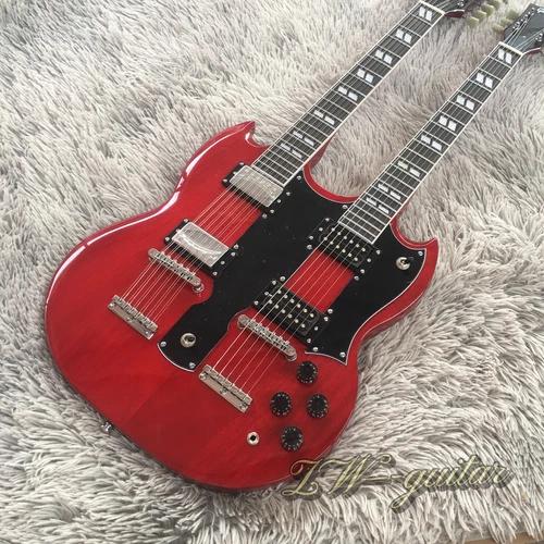 EDS-1275 12/6 Strings Double Neck SG Electric Guitar Trans Red Mahogany w/HHx2