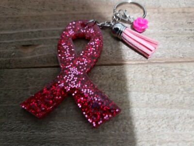 Handmade Glitter Resin Breast Cancer Awareness ribbon Key chain