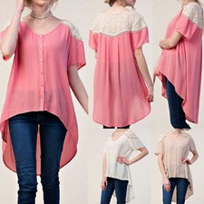 Women's Short Sleeve Lace Detail Button Up Hi Lo Tunic Top S M L